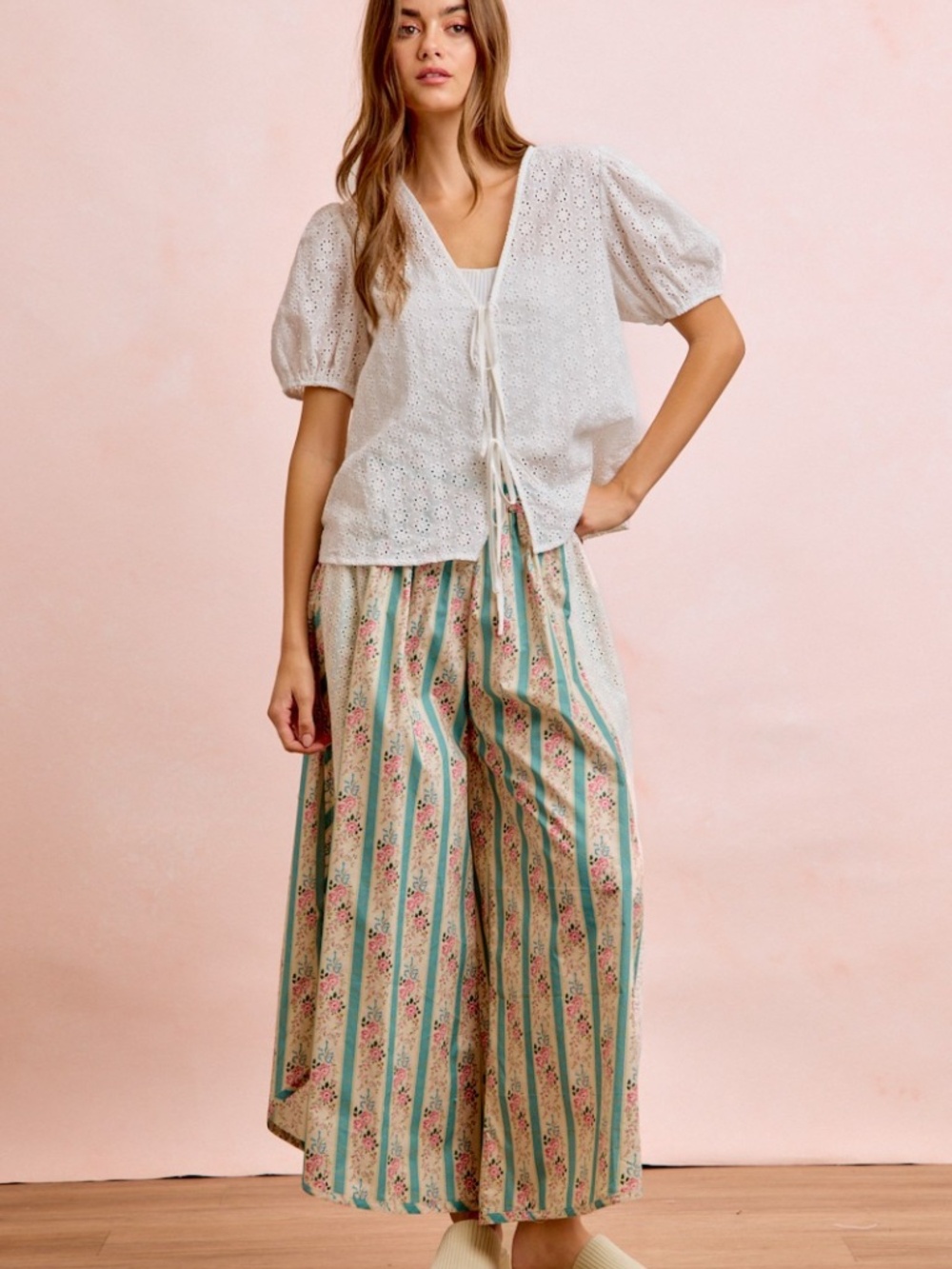 Bibi Floral Striped Print Eyelet Wide Leg Pants - Picture 4 of 12